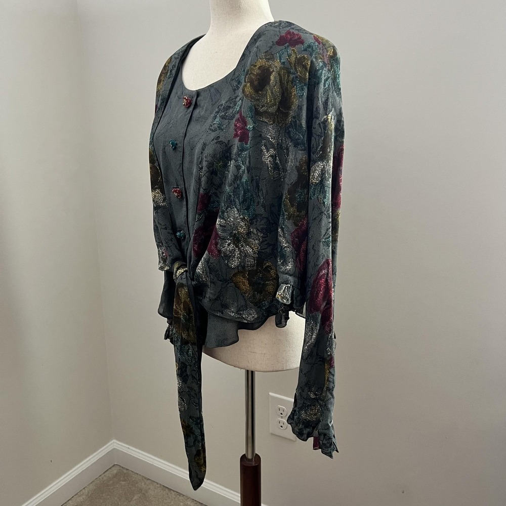 Whimsigoth Floral Tie Front Top Vintage Dark Romantic Blouse Boho Fairy Goth - Picture 4 of 13